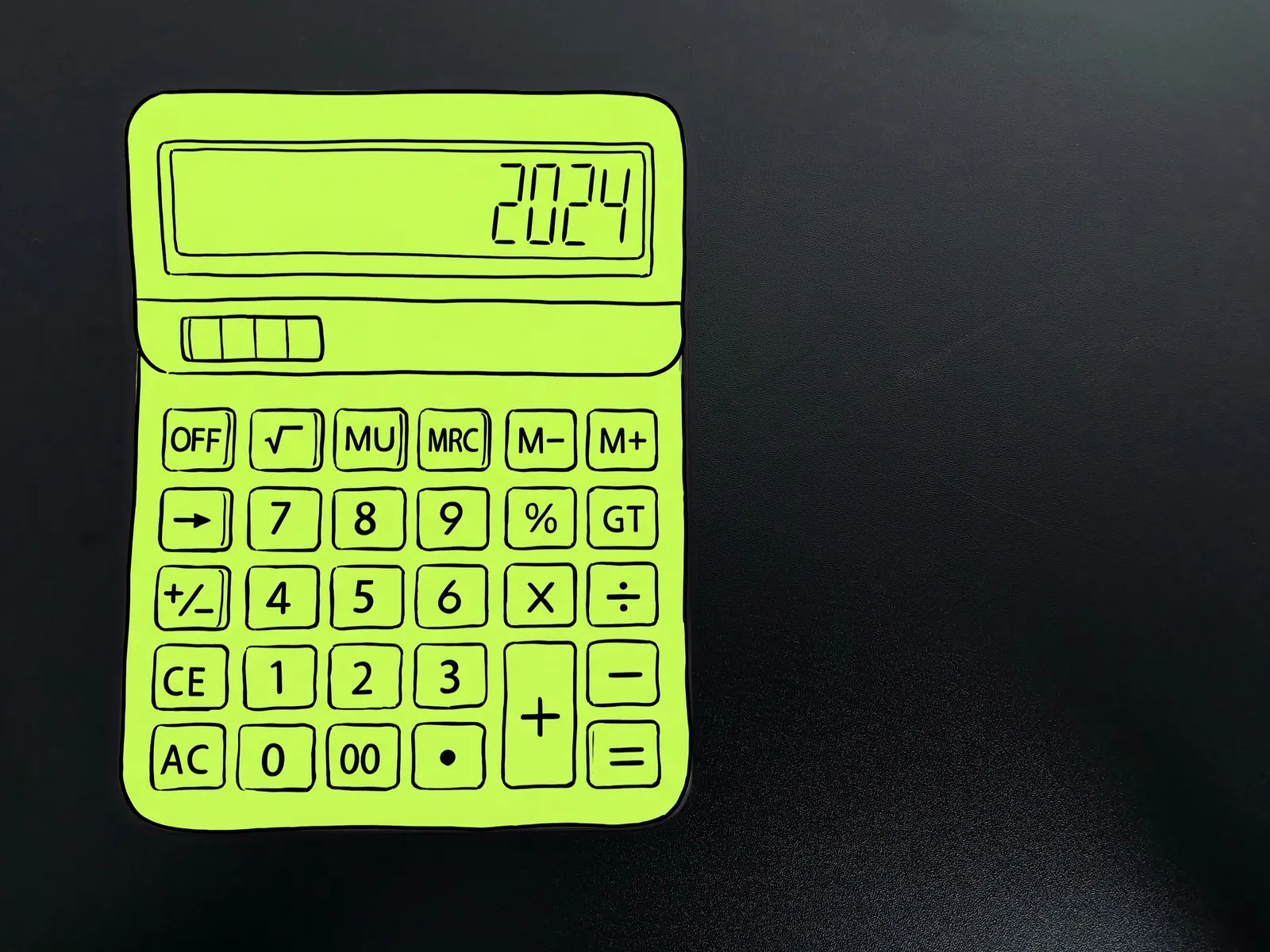 A desk calculator on a dark surface, the calculator drawn in lime ink