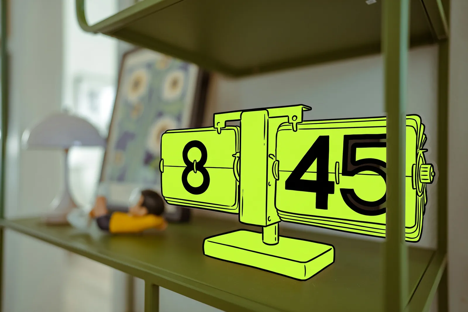 A flip clock on an office shelf showing 8:45, the clock drawn in lime ink