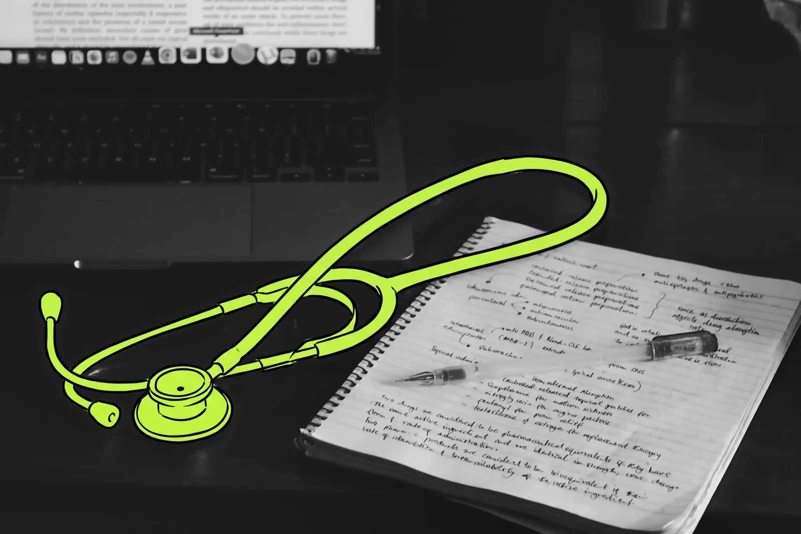 A stethoscope beside handwritten notes on a desk, the stethoscope drawn in lime ink