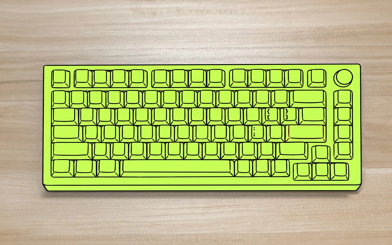 A mechanical keyboard on a wooden desk, the keyboard drawn in lime ink