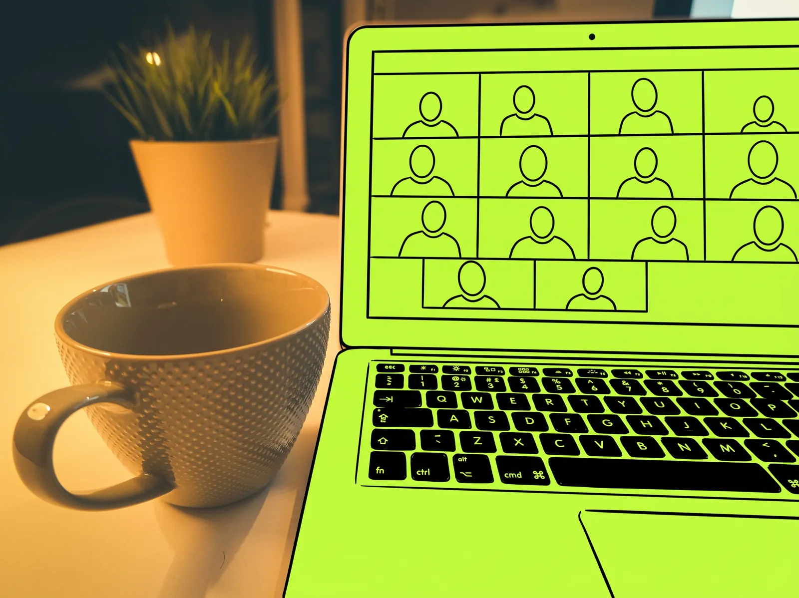 A laptop showing a video call with a remote team, the laptop drawn in lime ink