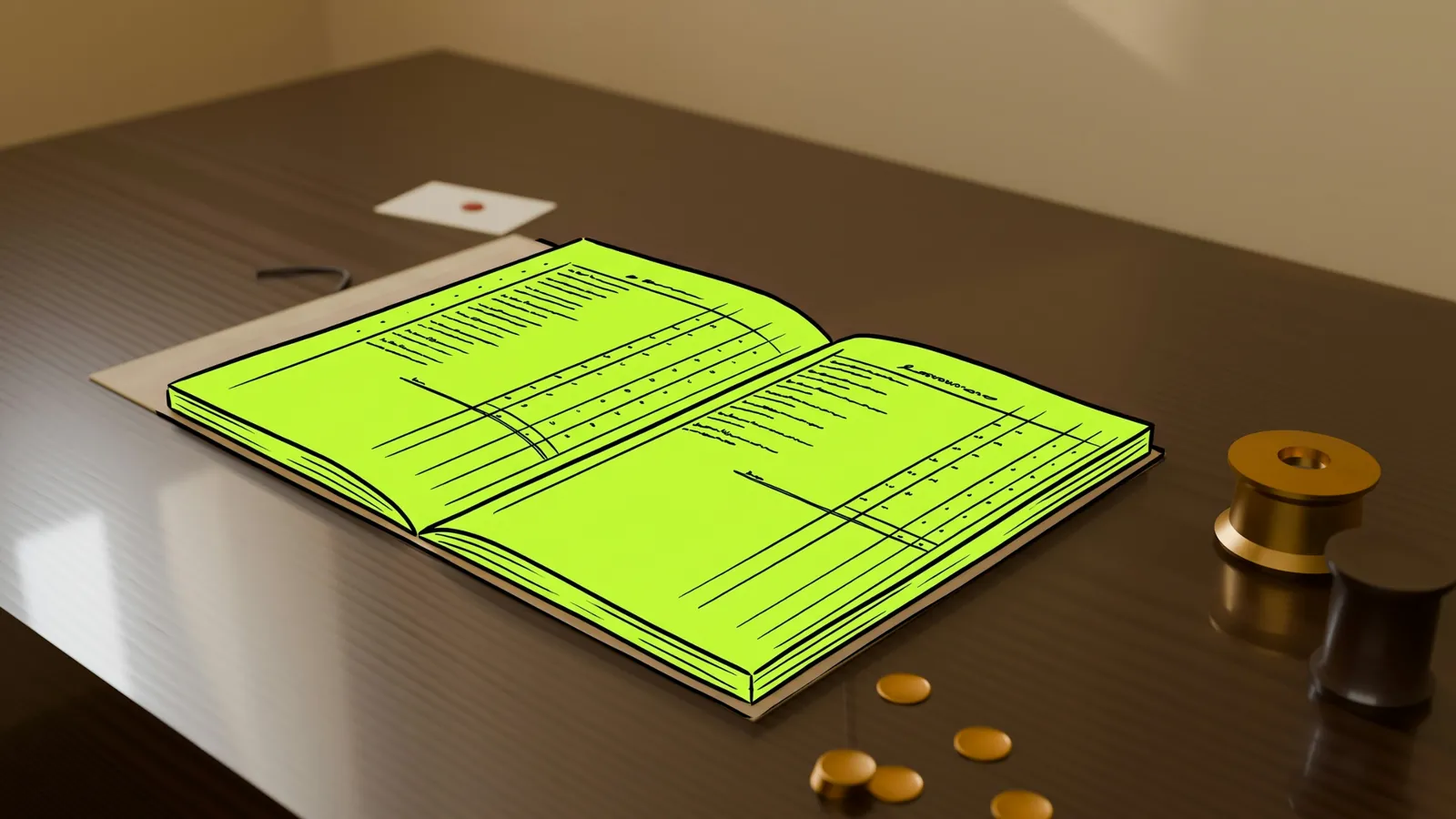 An open ledger book on a desk beside a few coins, the ledger drawn in lime ink