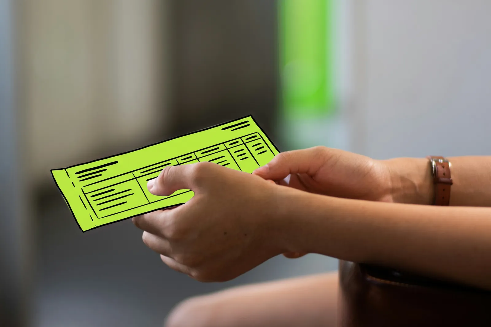 Hands holding a payslip, the payslip drawn in lime ink