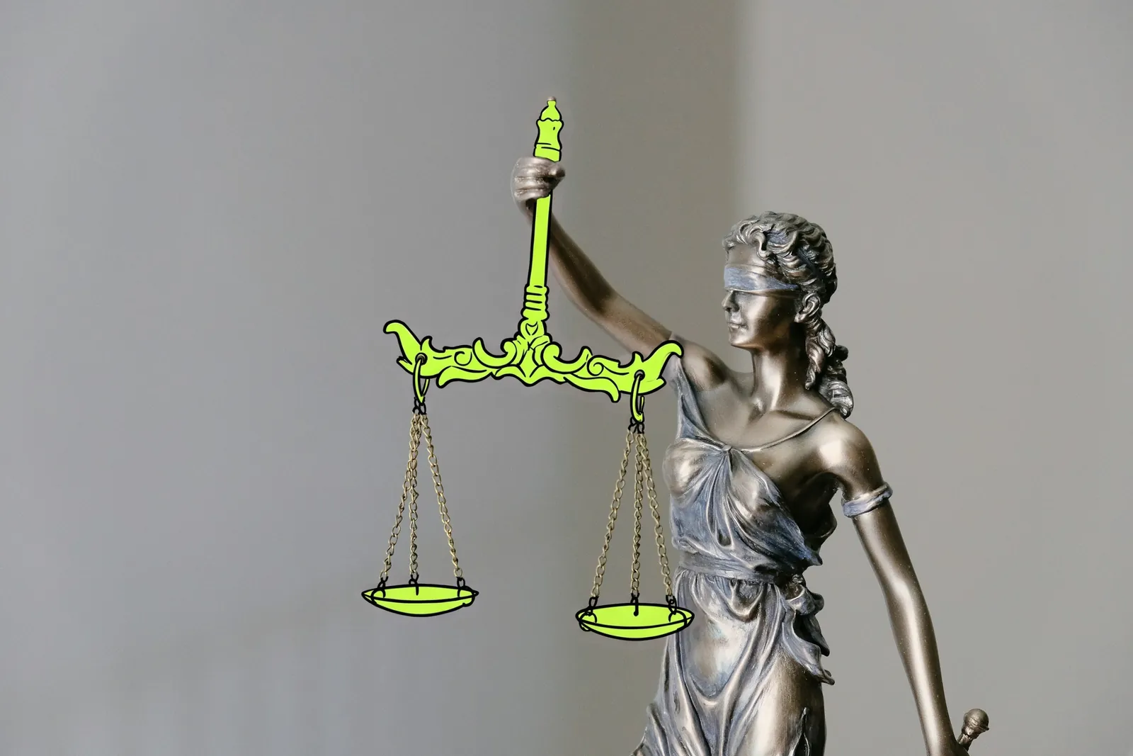 A statue of Lady Justice holding balance scales, the scales drawn in lime ink