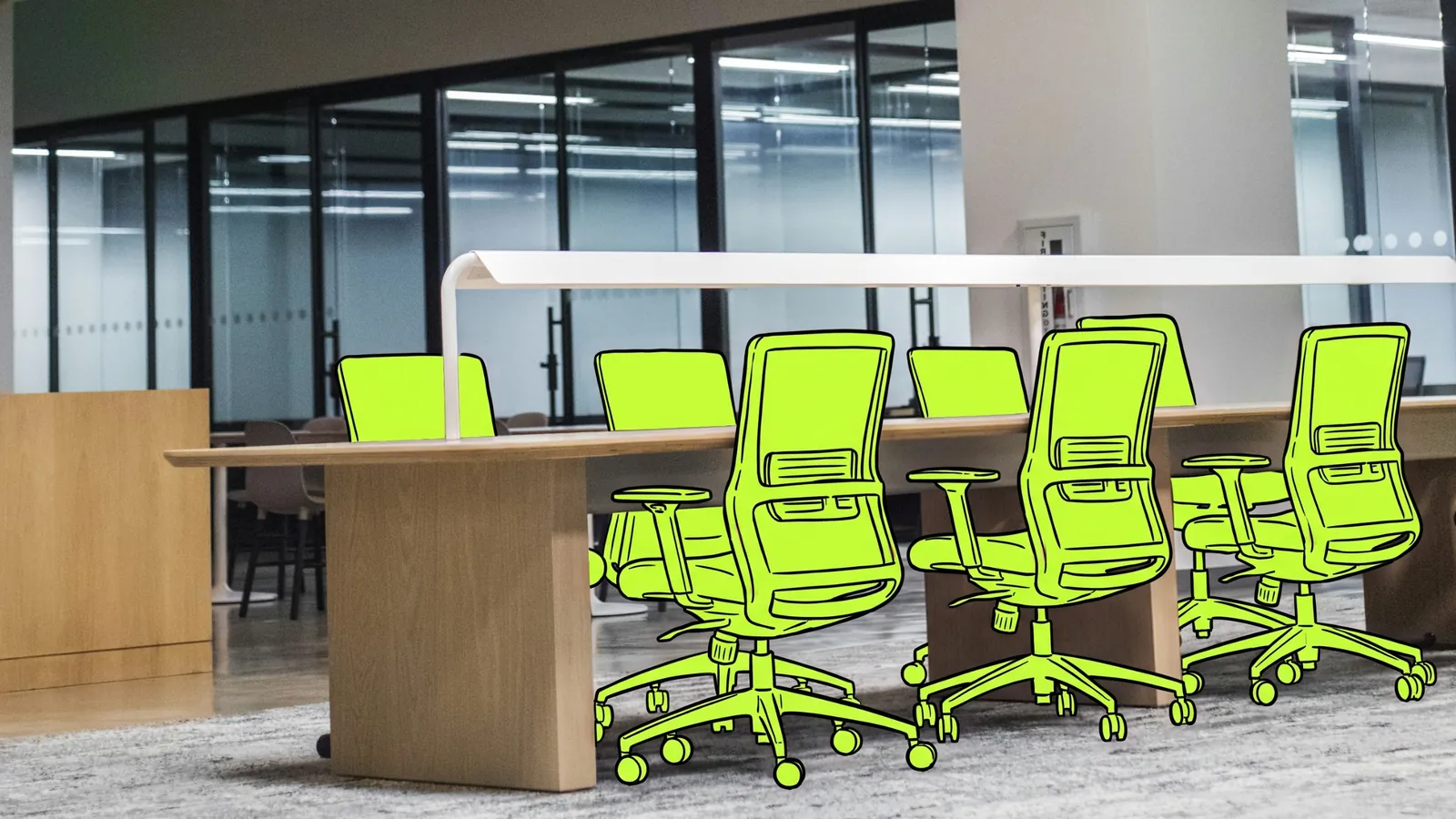 A row of office chairs along a shared desk, the chairs drawn in lime ink