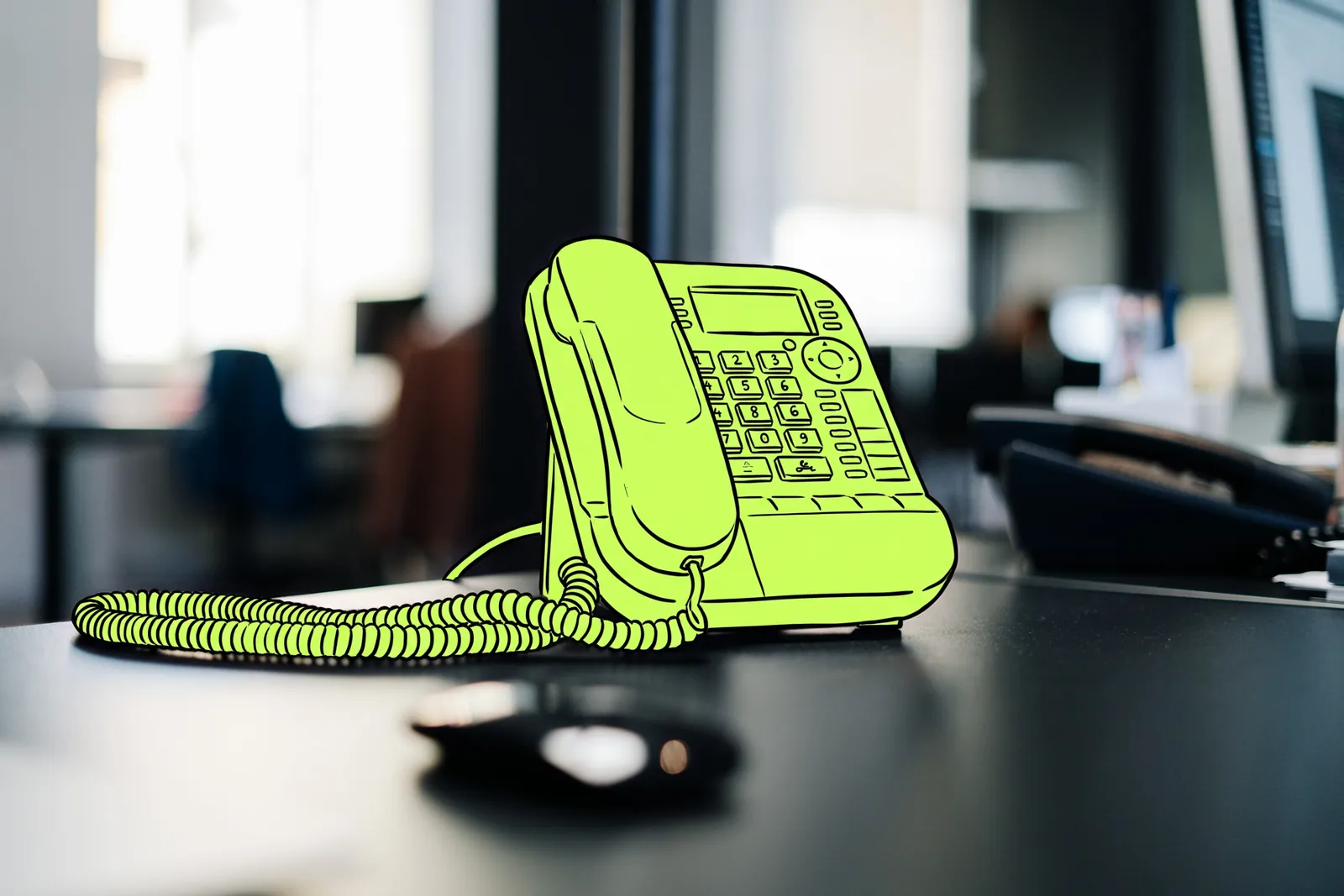 An office desk phone with its coiled handset, the phone drawn in lime ink