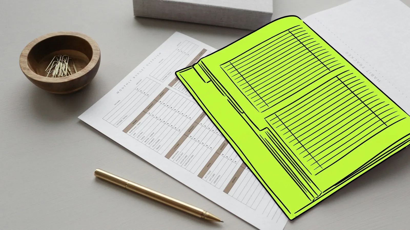 Financial planning worksheets in a folder, the folder drawn in lime ink