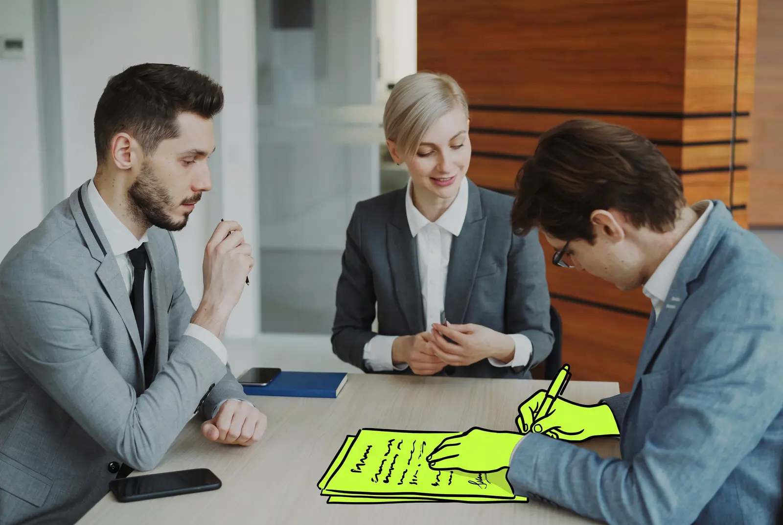 A loan document being signed, the contract and pen drawn in lime ink