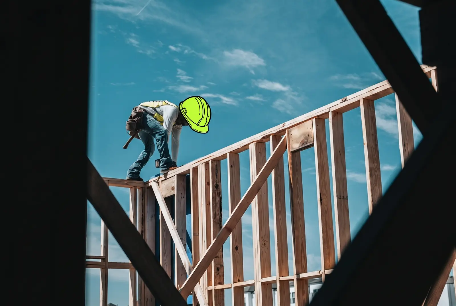 A builder on a timber frame wearing a hard hat drawn in lime ink