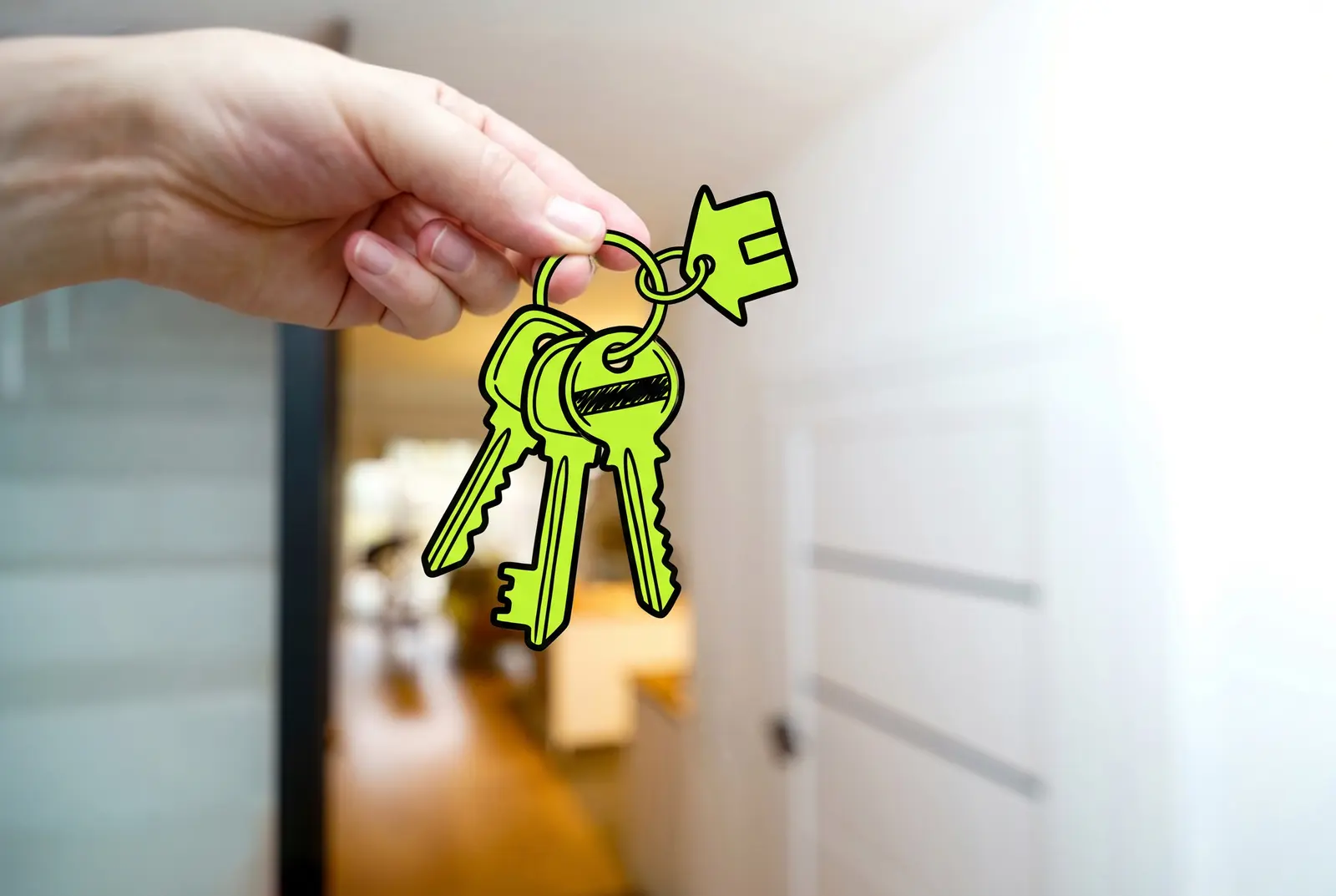 House keys held up, drawn in lime ink