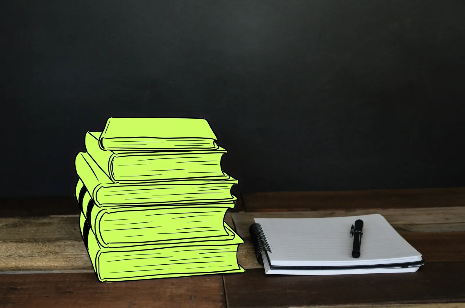 A stack of hardback reference books beside a notebook and pen, the books drawn in lime ink
