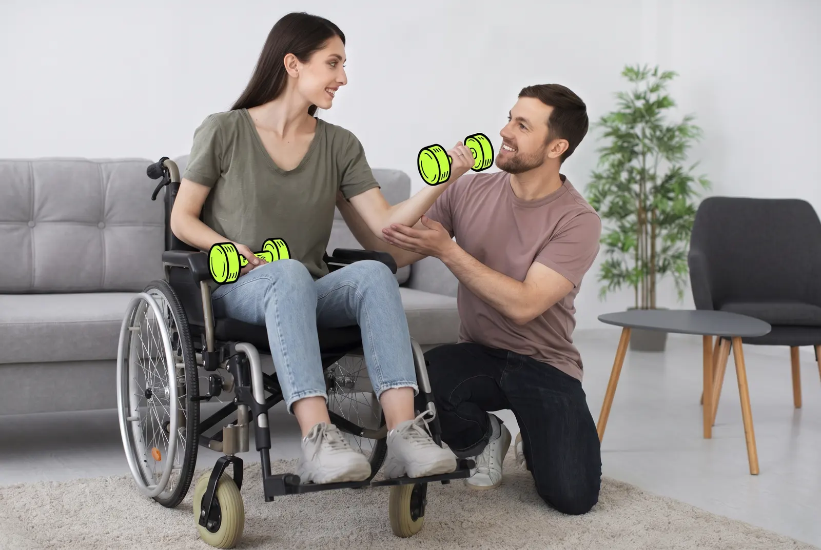 A support worker and client with hand weights drawn in lime ink