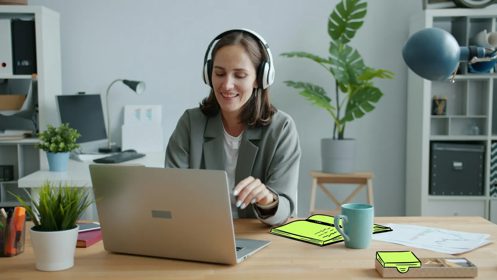 An office manager at her desk, the notebook and sticky notes drawn in lime ink
