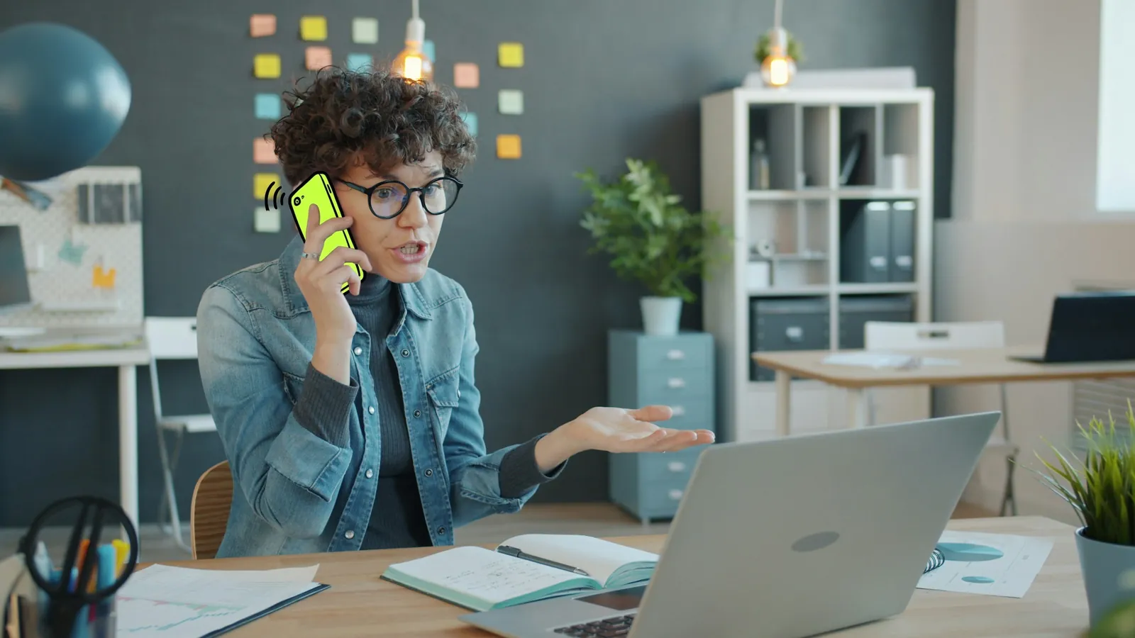 A customer service officer on a phone call at her desk, the phone drawn in lime ink