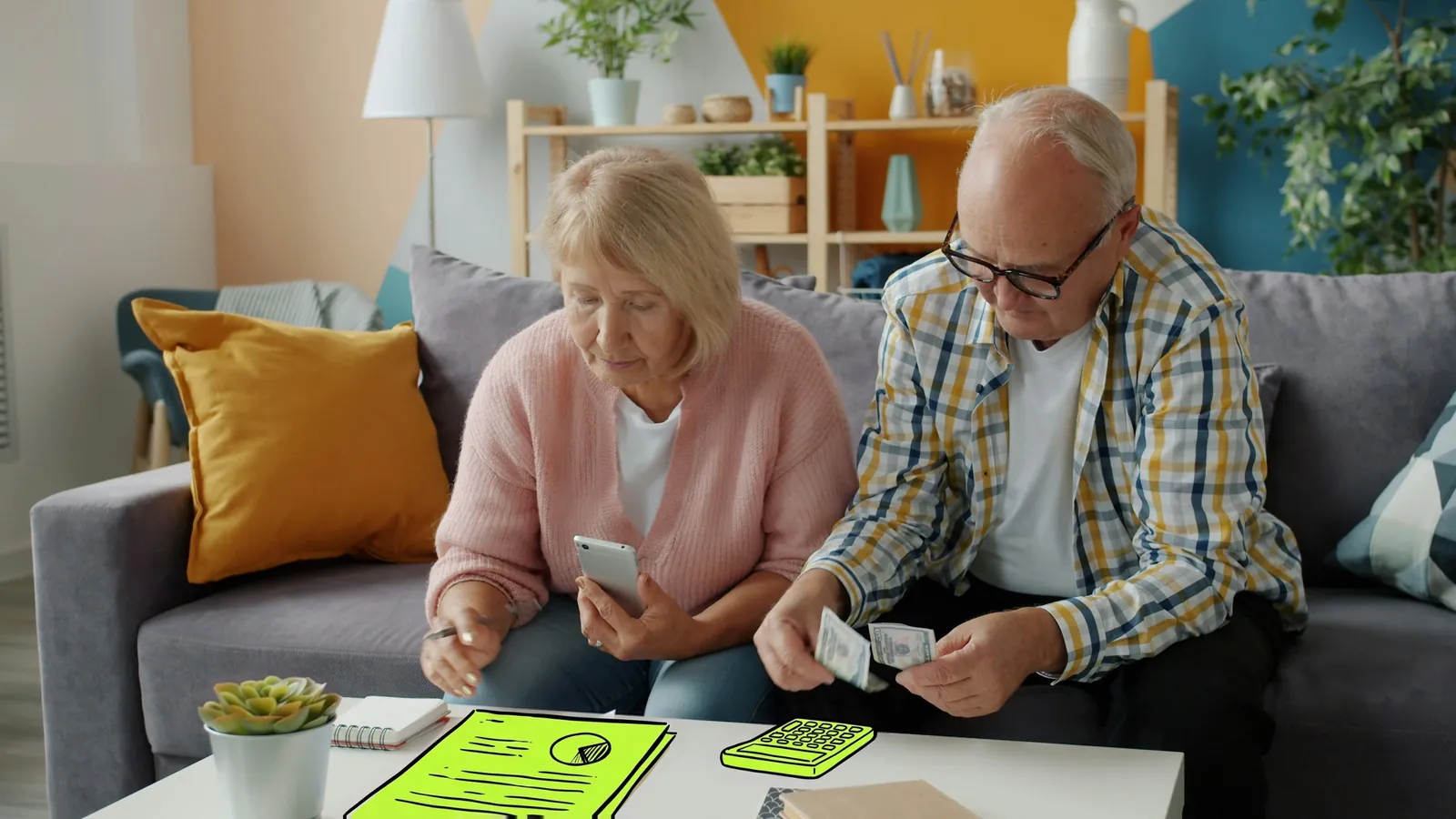 A retired couple going through their finances at home, the papers and calculator on the table drawn in lime ink
