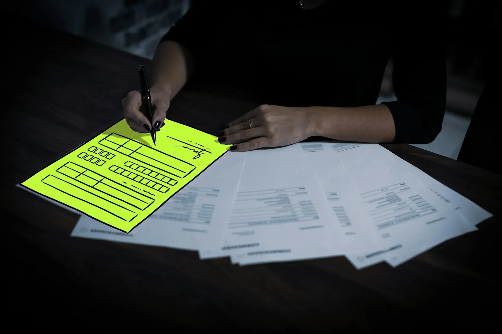 A hand signing a tax return among other financial papers, the form drawn in lime ink